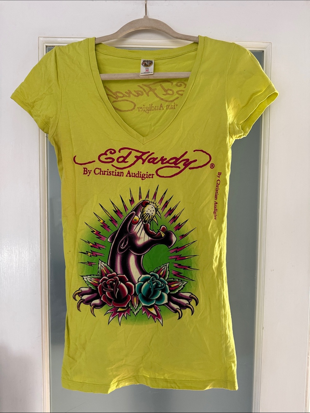 Ed Hardy Neon Yellow V-Neck Tattoo Graphic Tee